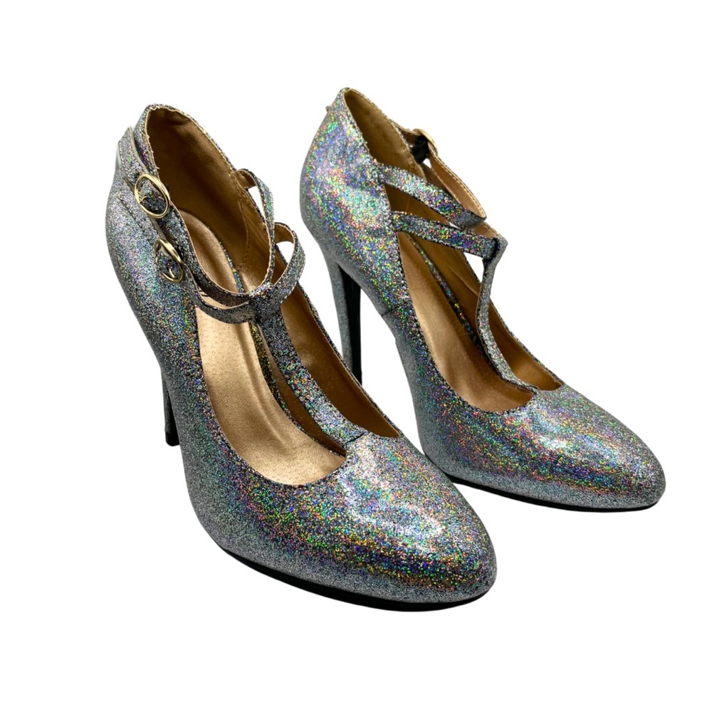 Qupid Silver/Rainbow Holographic Double Buckle Heels Size 8